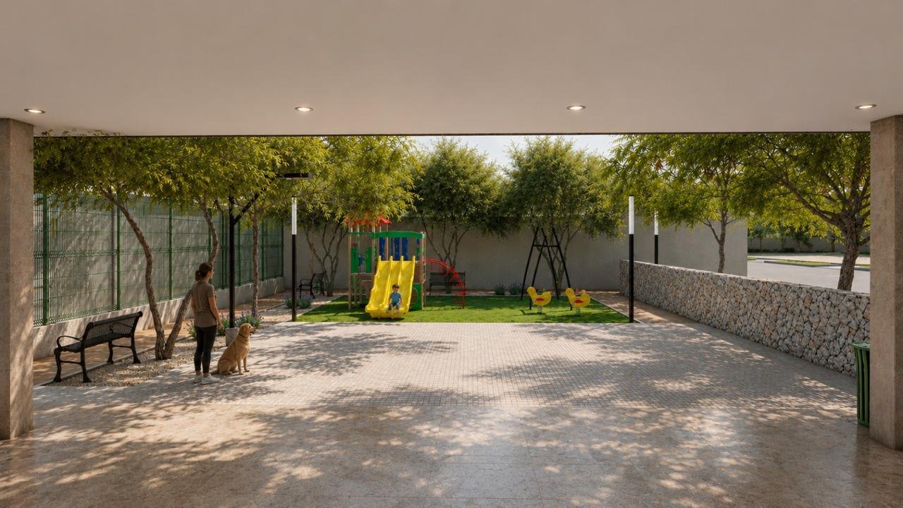 Render de áreas verdes y parque de Privada del Lago